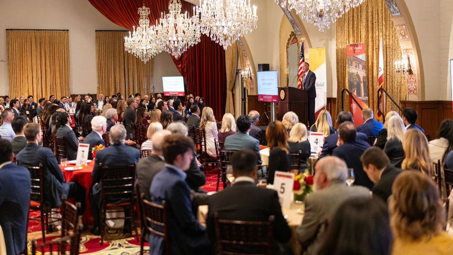 Dean Geoffrey Garrett speaking at the scholarship celebration