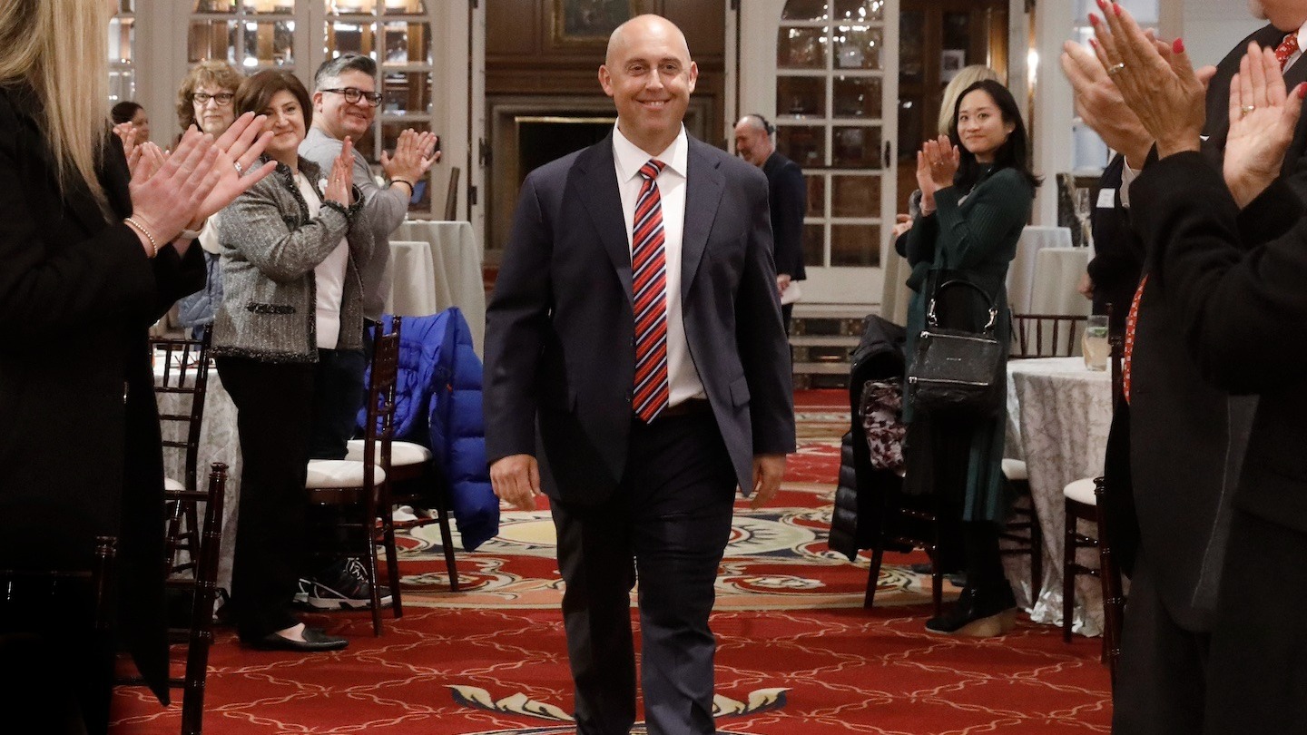 Surrounded by his family and the Trojan Network, Andy Call joins the community of deans during USC’s traditional installation ceremony. [USC Photo/Steve Cohn]