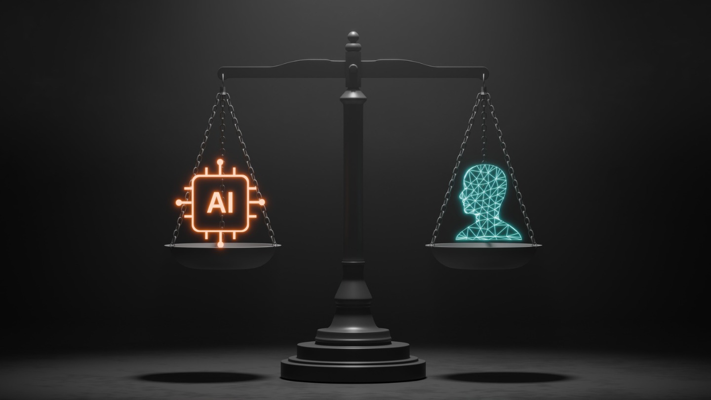 decorative image of scales with AI and humans