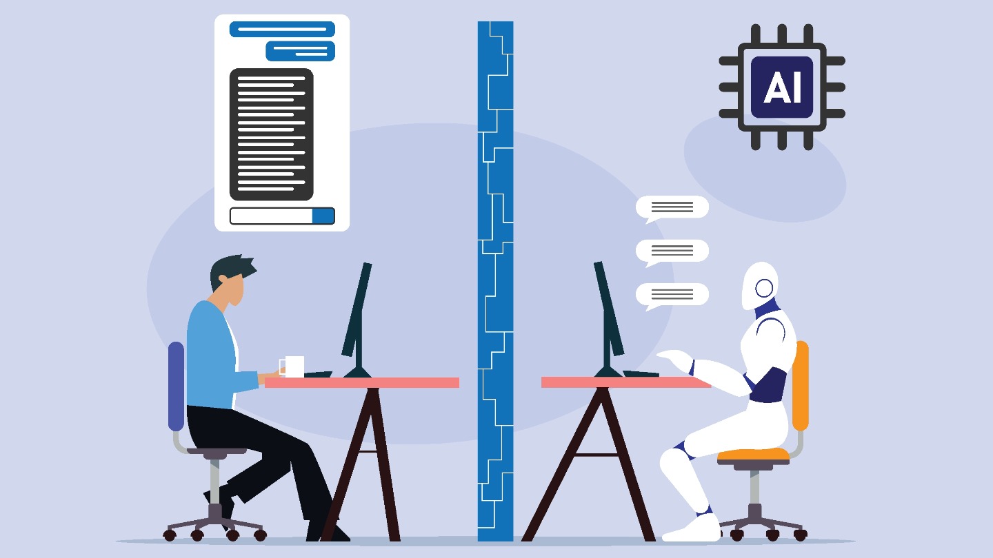 A human and robot working on different computers
