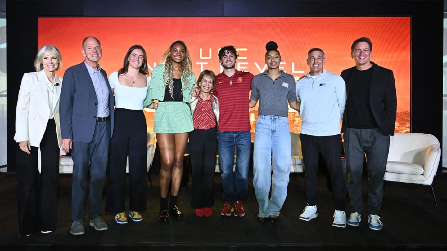 The student athlete panel with Willow Bay, Geoff Garrett, Carol Folt, Tony Petitti, and Andy Campion