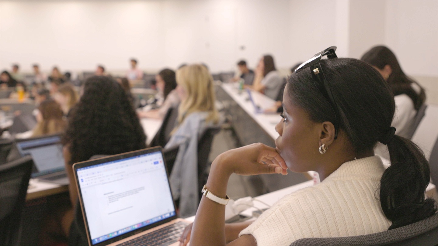 Color photograph inside a classroom at USC Marshall.