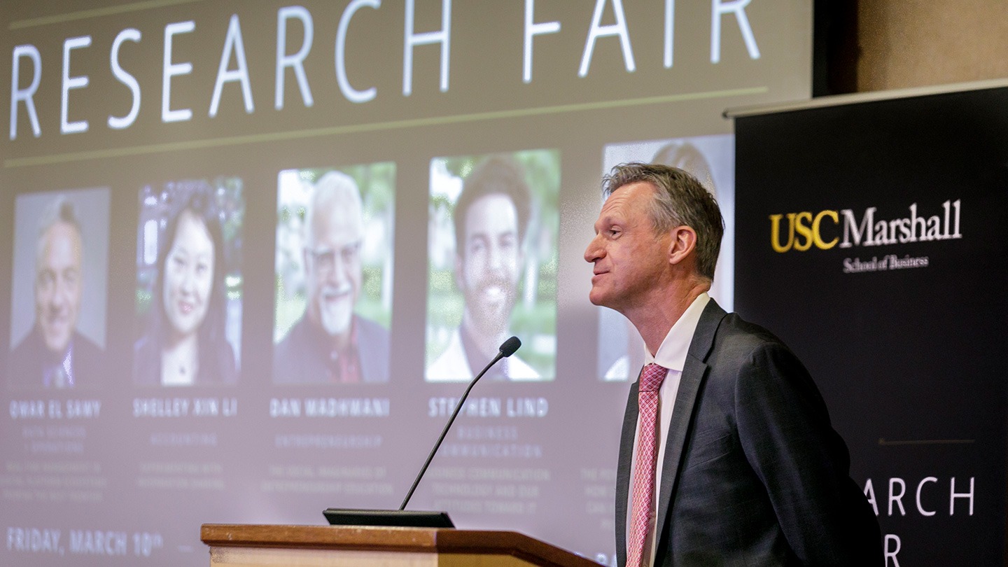 Color photograph of USC Marshall professor Peer Fiss at the school's 2023 Research Fair.