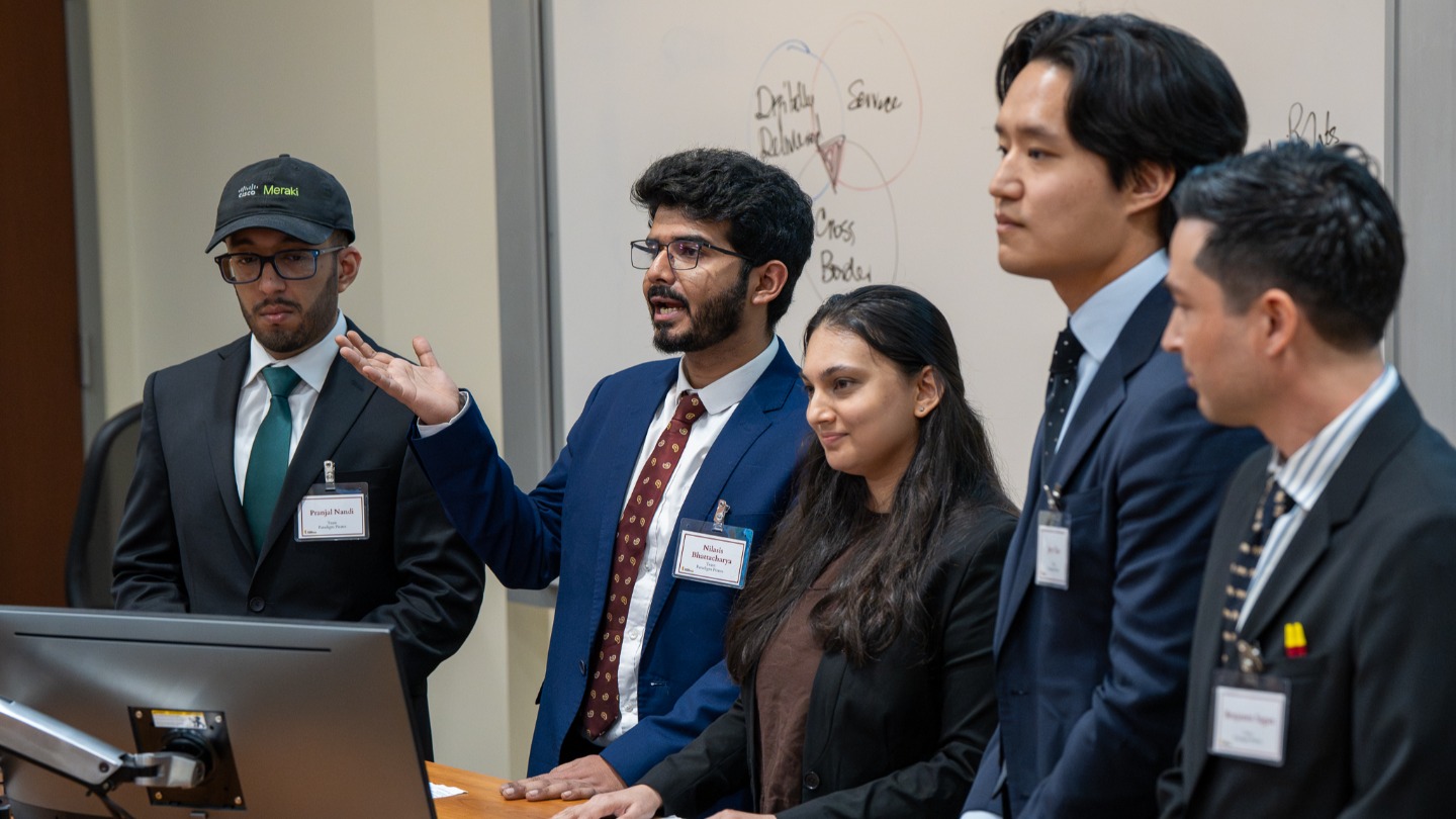 FTMBA students Pranjal Nandi, Nilasis Bhattacharya, Aneri Kapadia, Jerry Xue, and Ben Sagan present at the 2026 Global Case Competition.