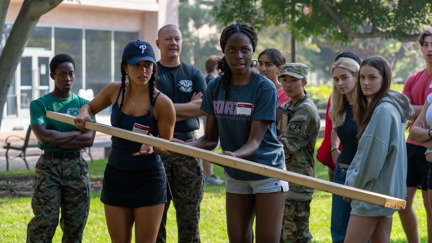 Working in small groups, GLP students participated in simple games and exercises requiring them to listen, support, and engage each other to accomplish shared goals.[USC Photo / Grayson Adler]