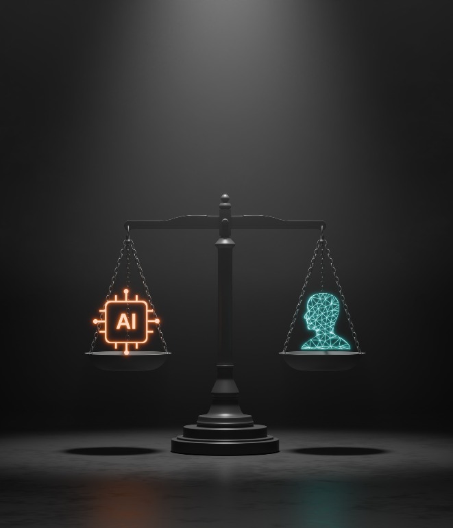 decorative image of scales with AI and humans