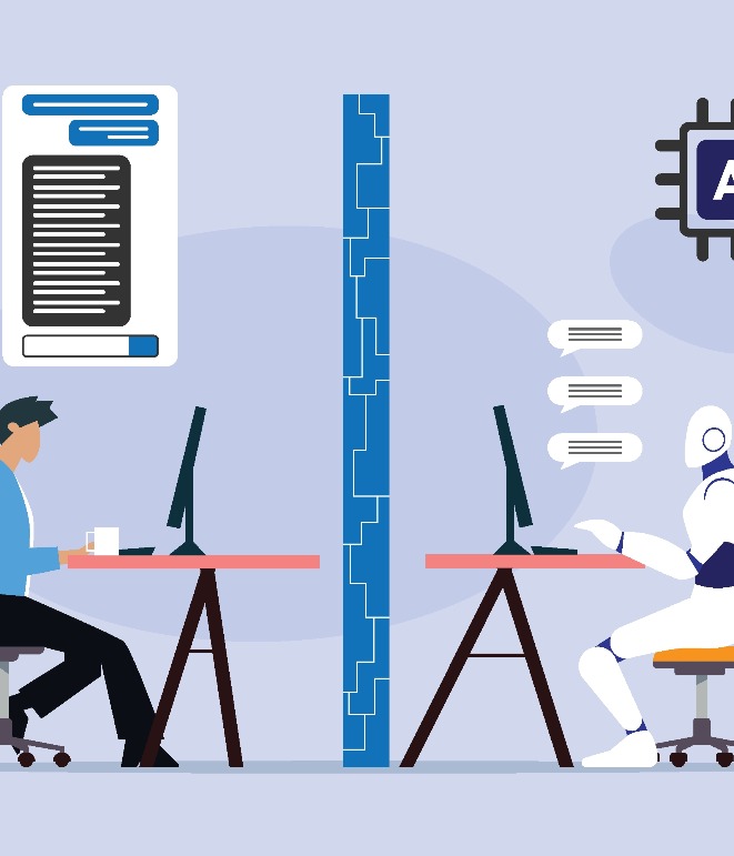 A human and robot working on different computers