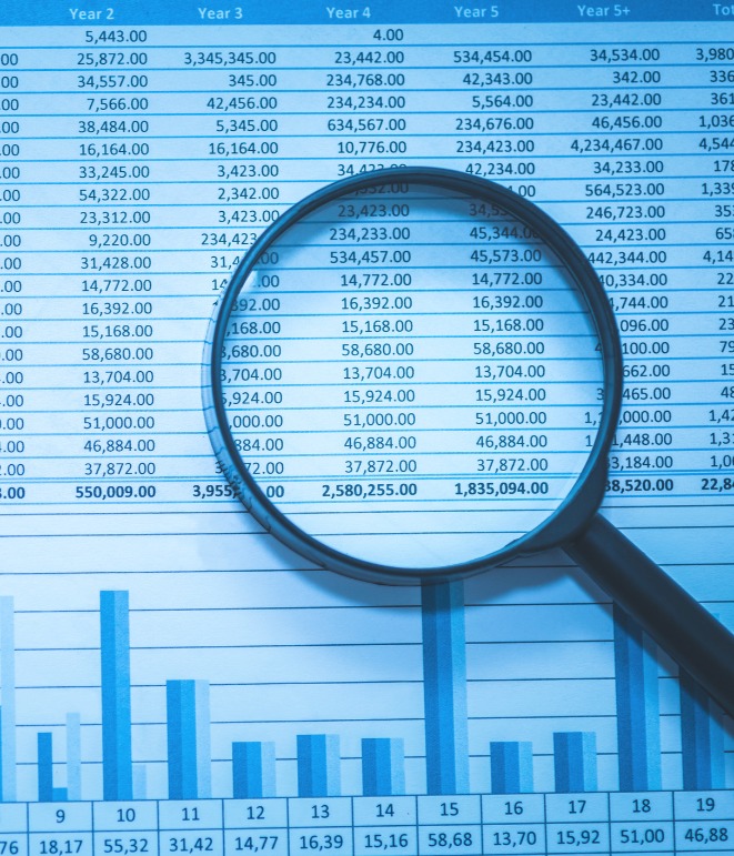 decorative image of magnifying glass on a spreadsheet