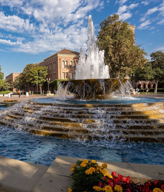 Color photograph of a USC Marshall student on campus.