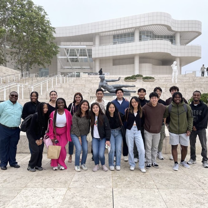 Color photo of USC students visiting the Getty Museum