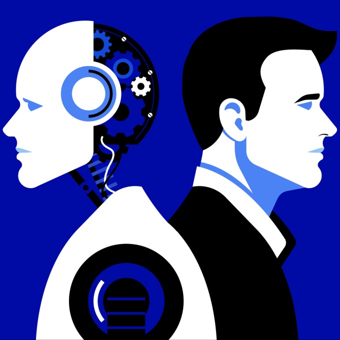 decorative image of robot back to back with employee