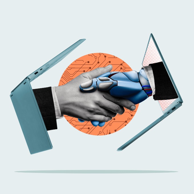 AI and human hands shaking hands