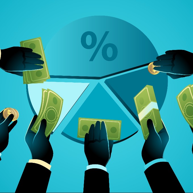 Hands offering money with a circular chart at the center, symbolizing shareholder equity, crowdfunding, business partnerships, and investments
