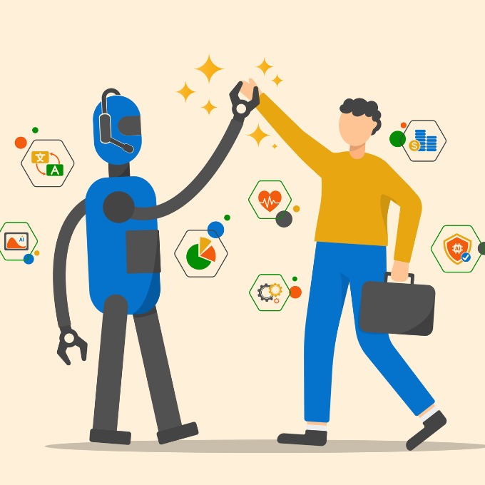 a robot and person high-fiving