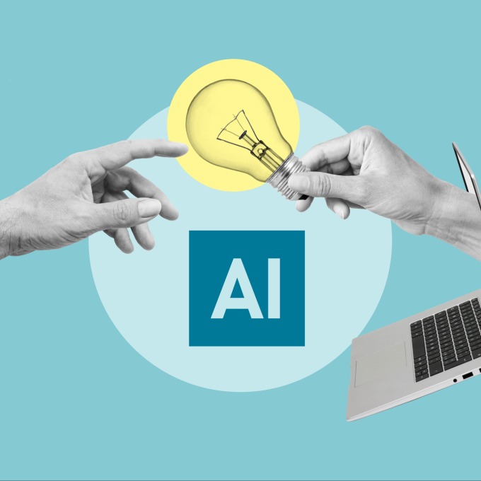 two hands exchanging a light bulb over the letters "AI"