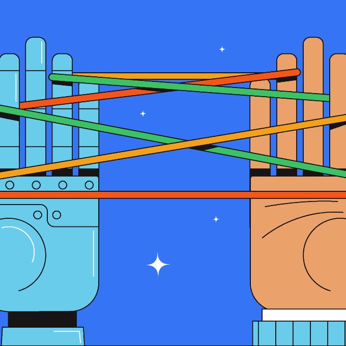 Robotic and human hands playing cat's cradle.