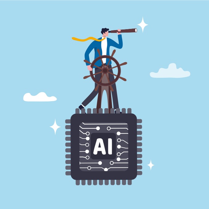 a person steering AI with a helm