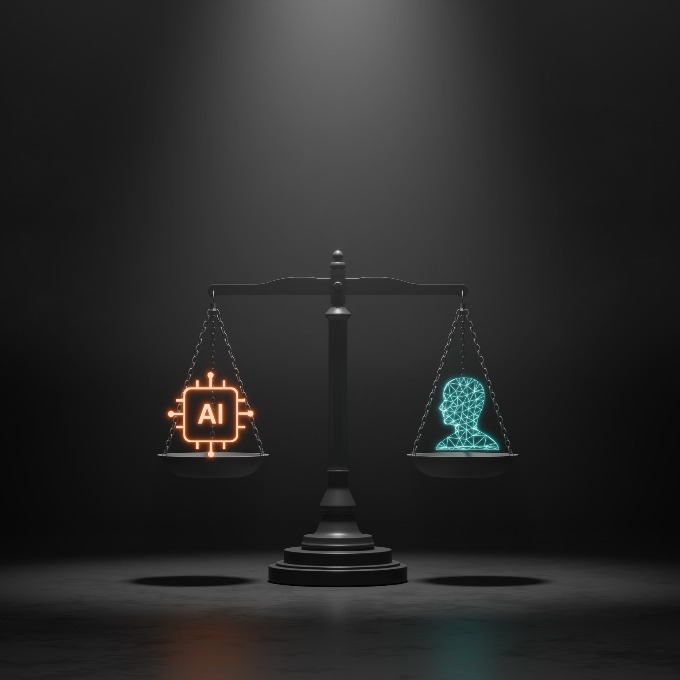 decorative image of scales with AI and humans