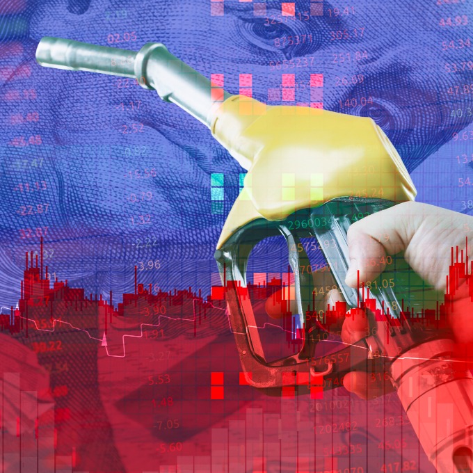 decorative image of a gas pump in front of profit graphs