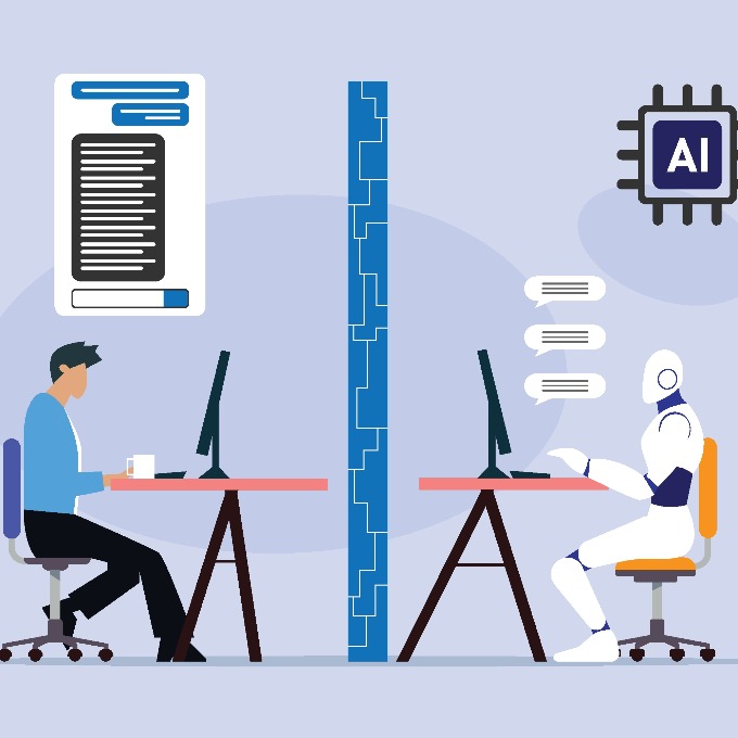 A human and robot working on different computers