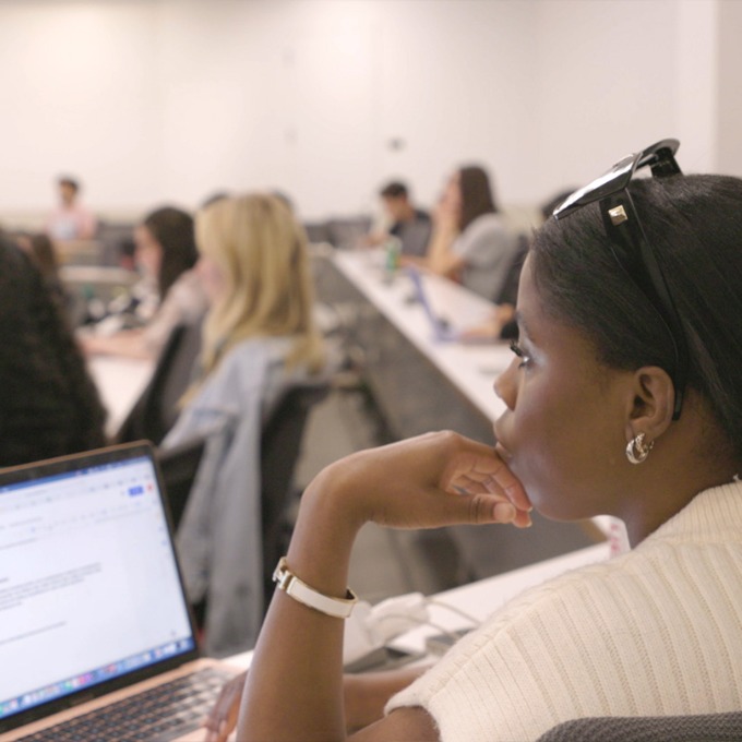 Color photograph inside a classroom at USC Marshall.