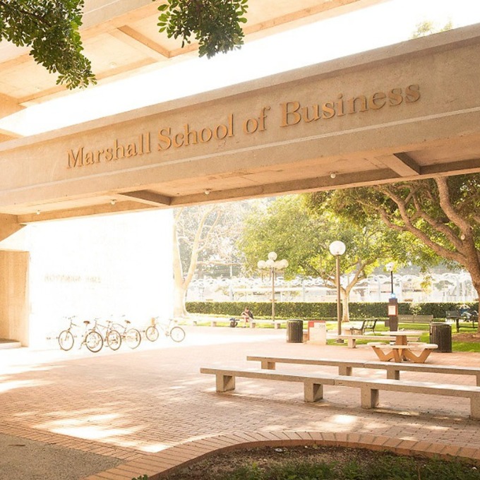 Bridge Hall and the Marshall School of Business sign