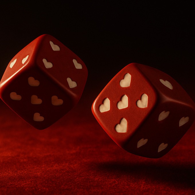 Two red dice with hearts in place of pips.