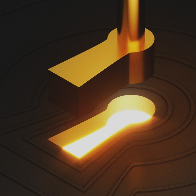 An abstract key being placed into a glowing keyhole.