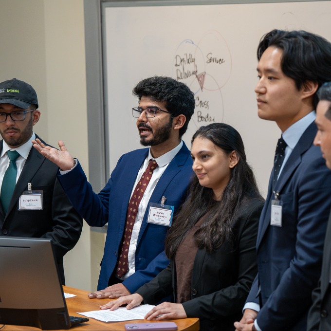 FTMBA students Pranjal Nandi, Nilasis Bhattacharya, Aneri Kapadia, Jerry Xue, and Ben Sagan present at the 2026 Global Case Competition.