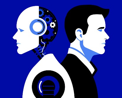 decorative image of robot back to back with employee