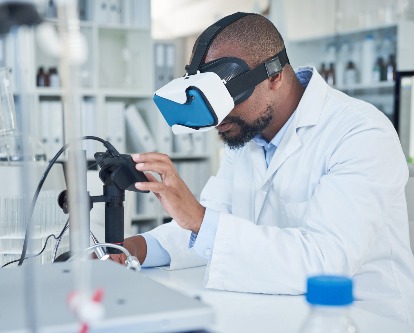 decorative image of scientist wearing VR headset while looking at data