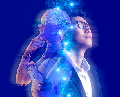 decorative image of an AI robot and a worker