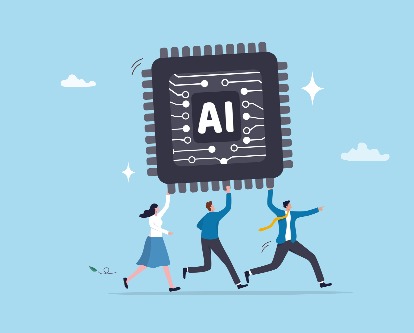 decorative image of three people holding AI