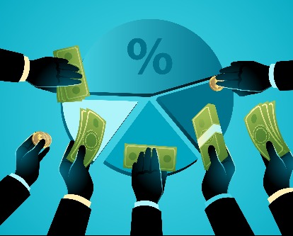 Hands offering money with a circular chart at the center, symbolizing shareholder equity, crowdfunding, business partnerships, and investments