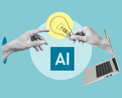 two hands exchanging a light bulb over the letters "AI"