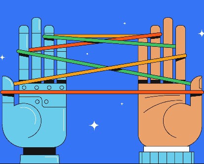 Robotic and human hands playing cat's cradle.