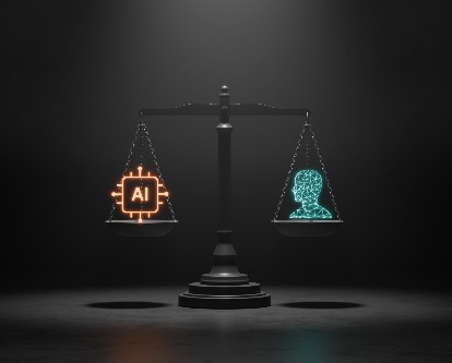 decorative image of scales with AI and humans
