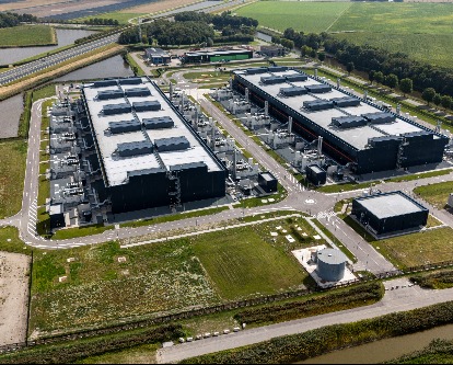 Aerial drone photo of Microsoft data centers in Middenmeer, Netherlands, surrounded by farmland