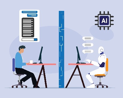 A human and robot working on different computers