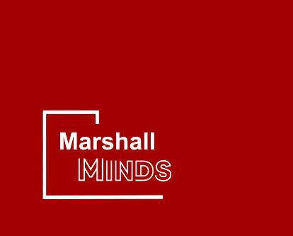 Red graphic with a white text logo that says Marshall Minds