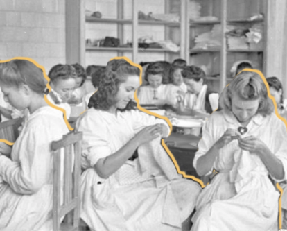 female students working in a home-economics course.