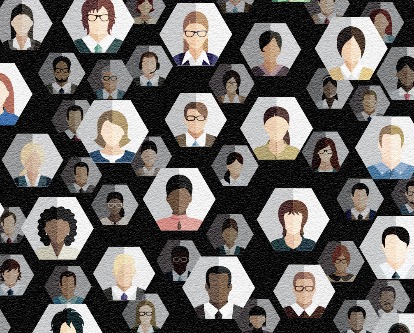 Color illustration of dozens of people — the intent is to represent a large organization on a video call or calls.