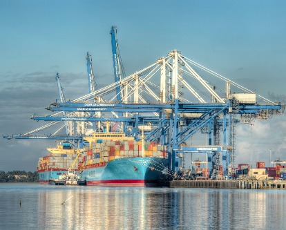 Large container ship dock at the Port of Charleston, SC.