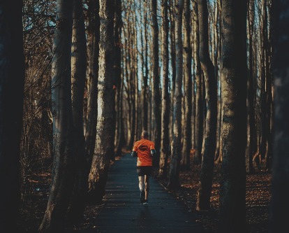 A man jogging away from camera in a forest.