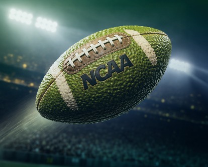 An NCAA football skinned like an avocado flying through the air.