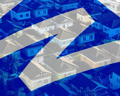 Zillow logo over a field of houses.