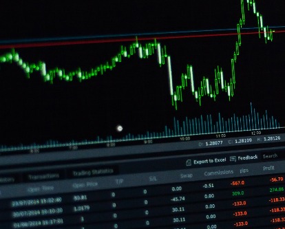 Color photograph of computer display of stock market activity.