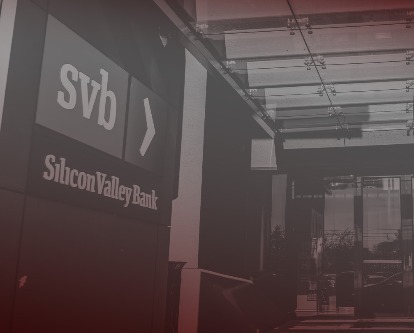 Duotone photograph of the entrance to a branch of Silicon Valley Bank.
