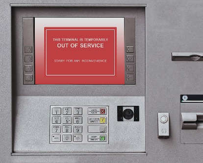 Color photograph of an out of order bank ATM.