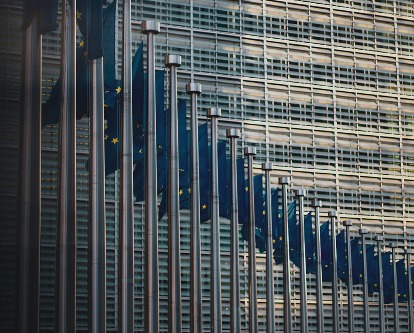 Dozens of EU flags outside of a building.